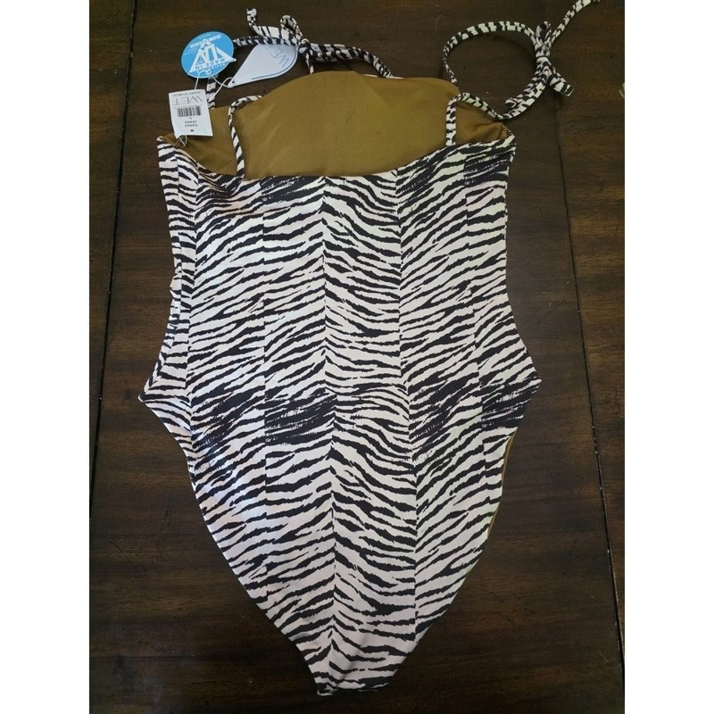 NWT Wet LA Large Zebra Shoulder Ties Square Neck 1PC Swimsuit Tan Black 127087 - Picture 2 of 2